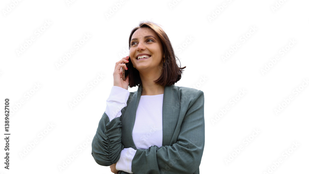 Cheerful businesswoman making a phone call and looking away, isolated on transparent background Cheerful businesswoman making a phone call and looking away, isolated on transparent background