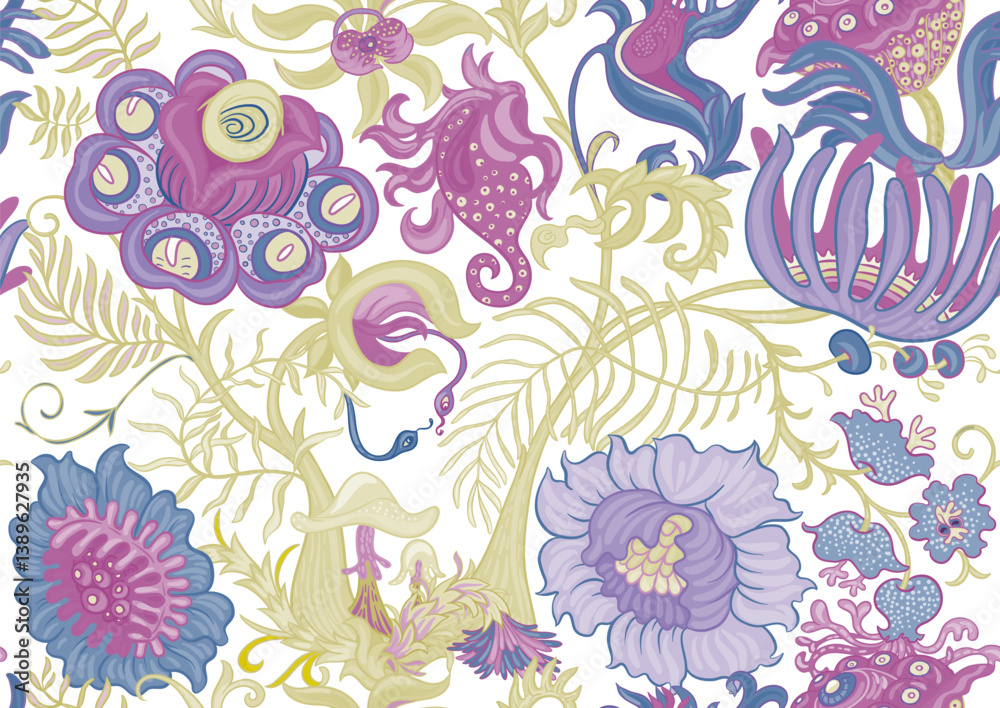 Fototapeta premium Fantasy, alien hypnotic flowers, decorative flowers and leaves. Cartoon style. Millefleurs trendy floral design. Seamless pattern, background. Outline hand drawing vector illustration.