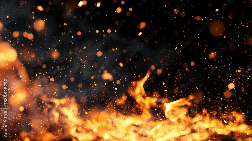 Fiery embers and particles create mesmerizing display against dark background, evoking warmth and energy Fiery embers and particles create mesmerizing display against dark background, evoking warmth and energy