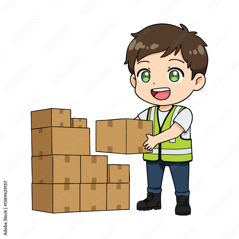 Cartoon delivery worker carrying boxes illustration for logistics and shipping needs Cartoon delivery worker carrying boxes illustration for logistics and shipping needs