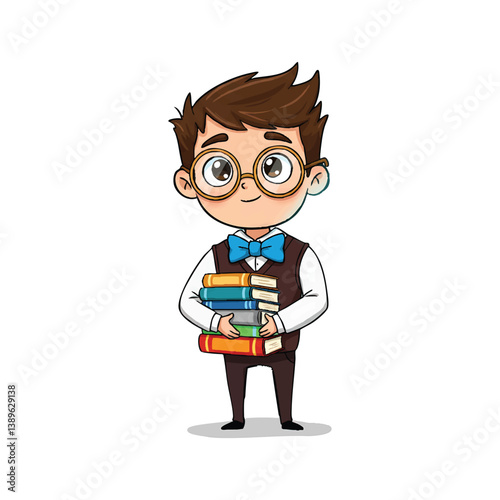 Cartoon boy with books vector illustration education learning student studying art