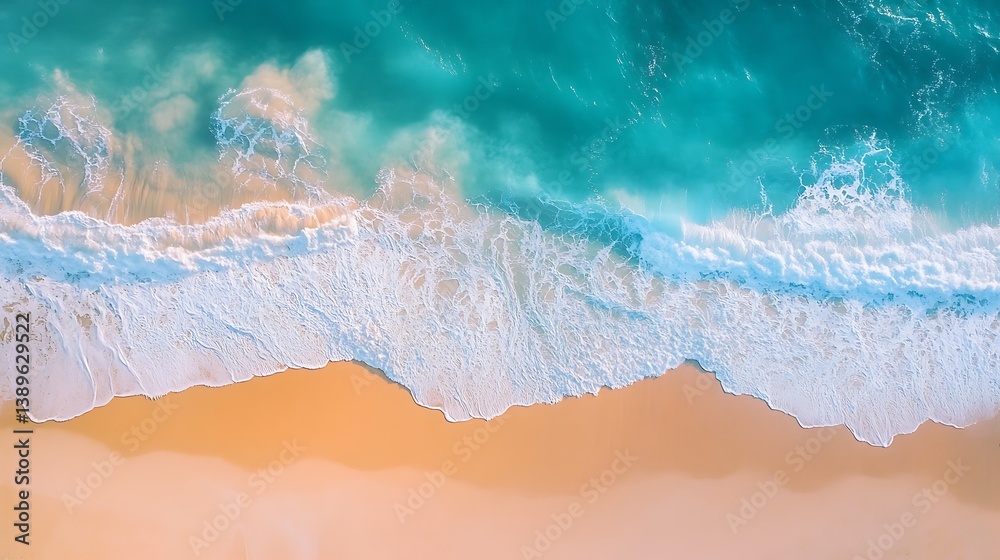 Fototapeta premium Aerial view of ocean waves crashing on sandy beach.
