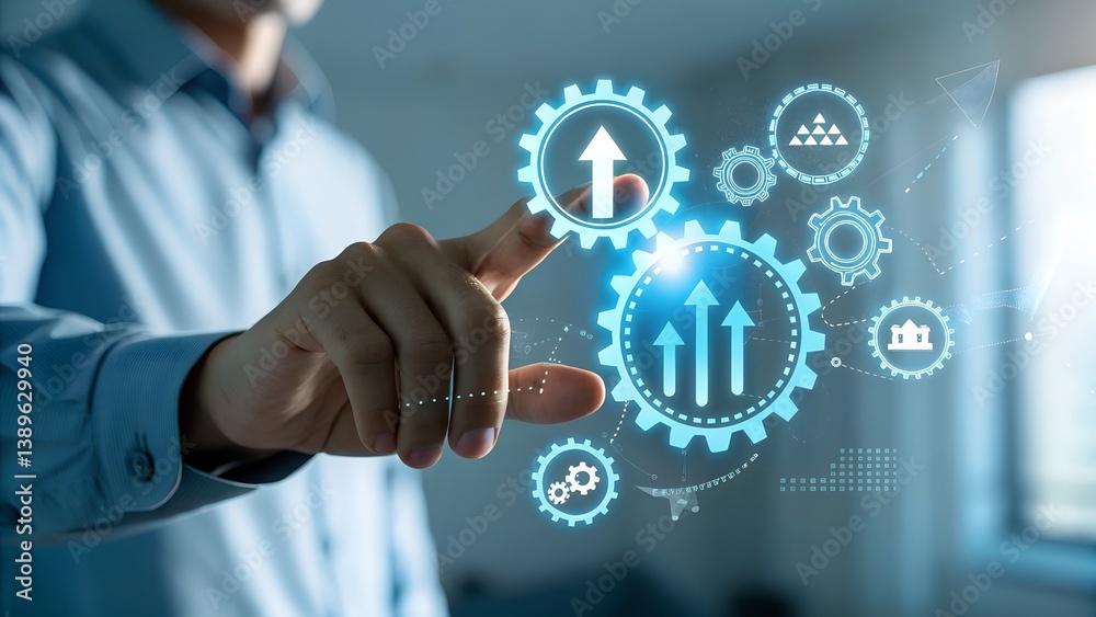 Process improvement and productivity growth concept. A businessman holds gears and upward arrows, symbolizing process optimization, productivity growth, efficient processes, and business efficiency. Process improvement and productivity growth concept. A businessman holds gears and upward arrows, symbolizing process optimization, productivity growth, efficient processes, and business efficiency.