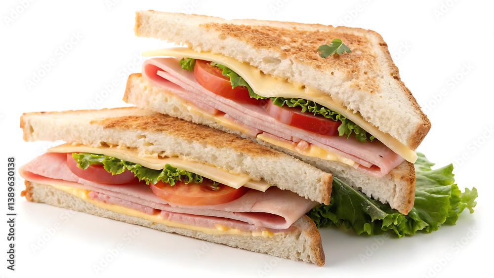 Classic Ham and Cheese Sandwich with Fresh Lettuce and Tomato on Toasted Bread, Served with a Crisp Garnish Classic Ham and Cheese Sandwich with Fresh Lettuce and Tomato on Toasted Bread, Served with a Crisp Garnish