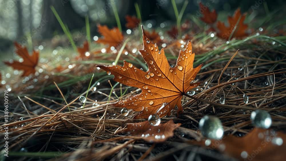 Autumn leaves from a fallen oak on the ground with water droplets. Autumn leaves from a fallen oak on the ground with water droplets.