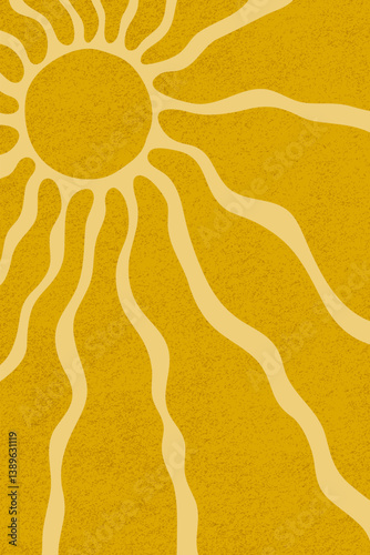 Groovy sun with wavy rays and vintage grainy texture, Abstract retro summer s...