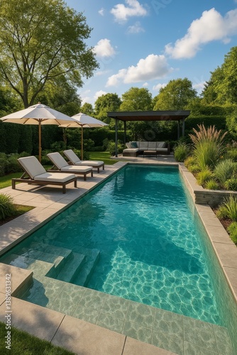 Luxurious Backyard Pool Area With Lounge Chairs Under Umbrellas During Sunny ...