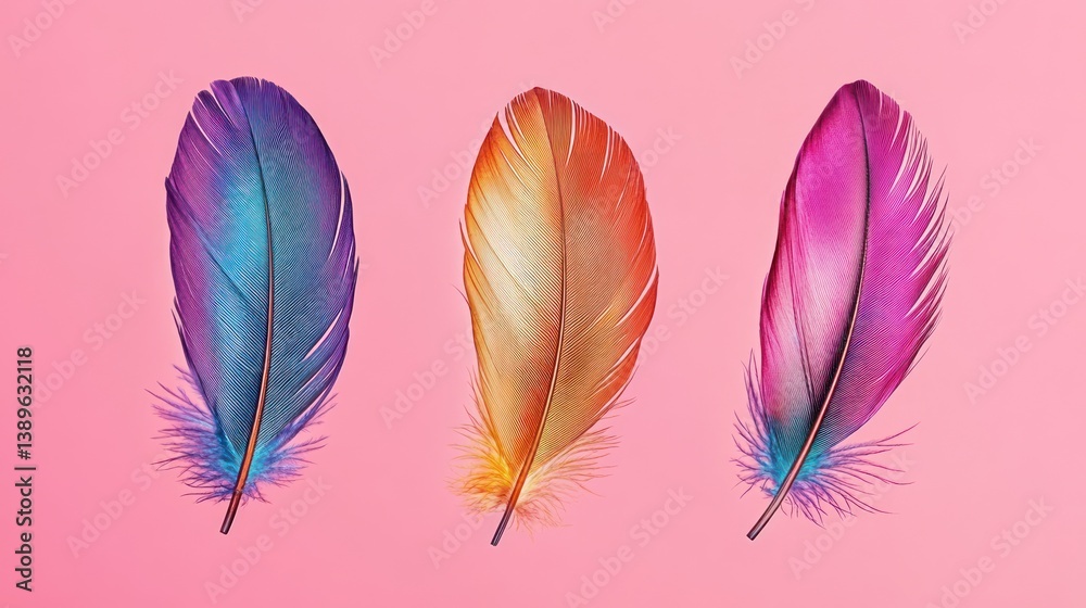 Colorful feathers pink background design Colorful feathers pink background design