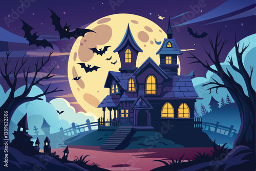 Spooky haunted house with bats on a moonlit  night.