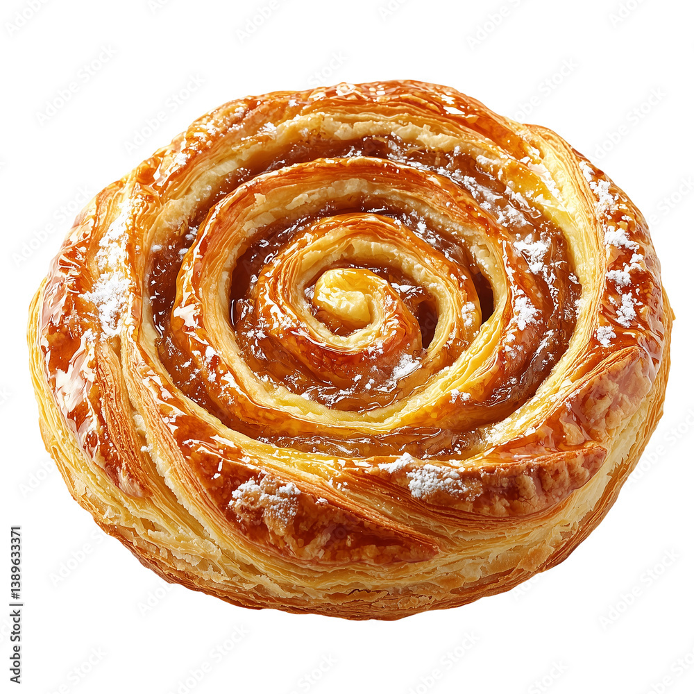 Fototapeta premium Delicious pastry roll with glaze and powder sugar isolated on transparent background png