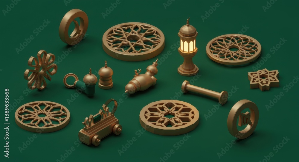 Fototapeta premium Golden Ramadan Objects on Green Surface with Ornamental Geometric Shapes