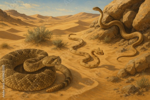Desert Snakes Coiled Among Rocks and Sand at Midday Light in Arid Landscape