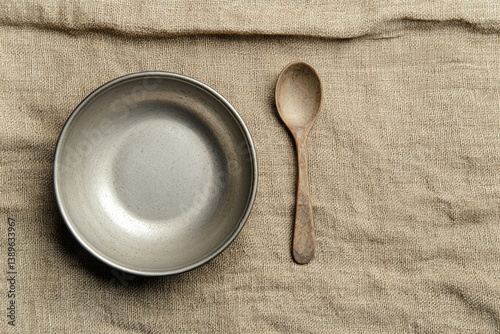 Minimalist arrangement featuring metal bowl and wooden spoon on