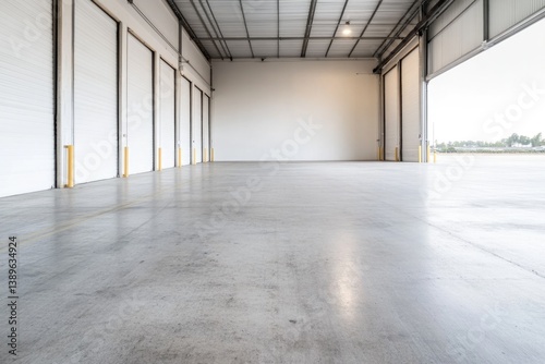 Spacious industrial area with smooth concrete floor and large do