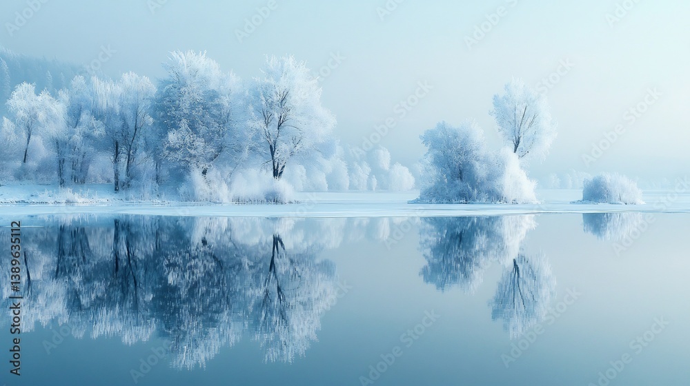 Serene Winter Landscape: Frost-Covered Trees Mirrored in a Calm Lake Serene Winter Landscape: Frost-Covered Trees Mirrored in a Calm Lake