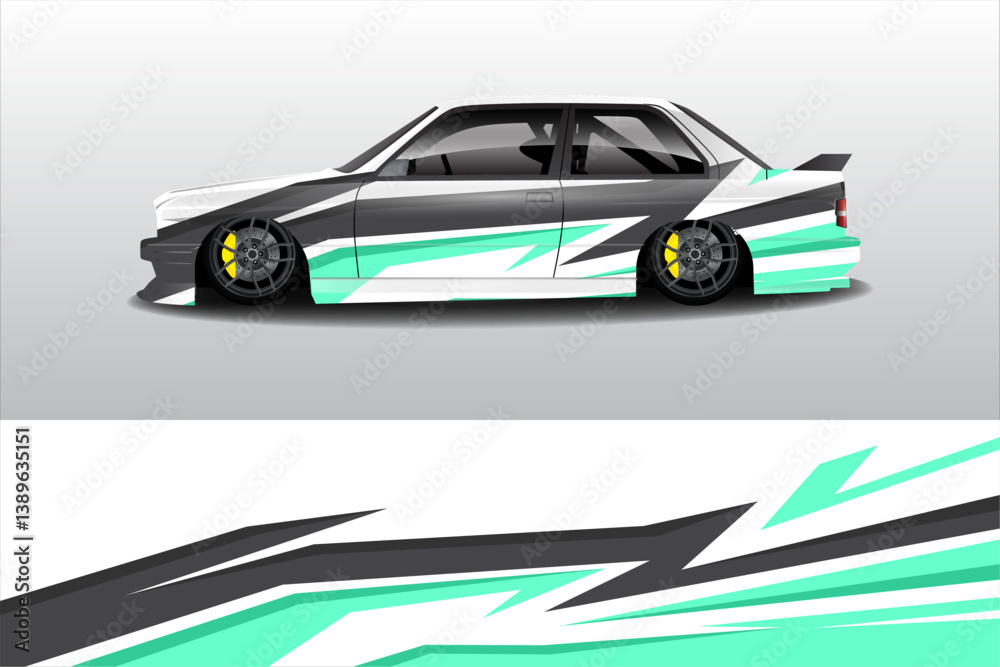 Fototapeta premium Side view of a modified car with unique graphics parked on a minimalist background, showcasing style