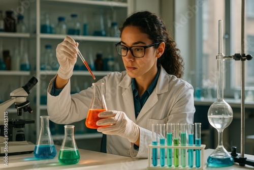 Scientist Conducts Experiment in Laboratory With Colorful Liquids and Glassware