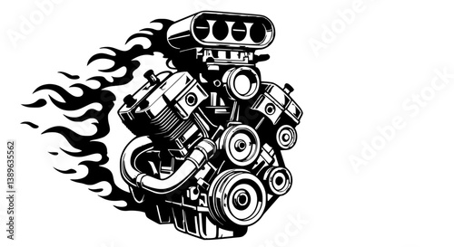 V8 Engine with Flames Hot Rod Art