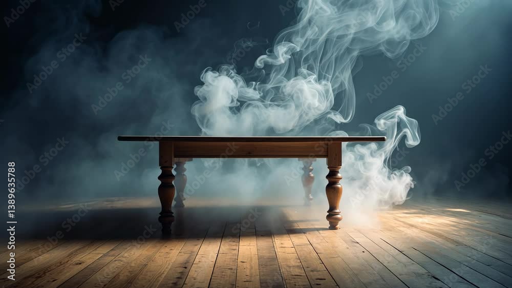 empty wooden table with smoke float up on dark background