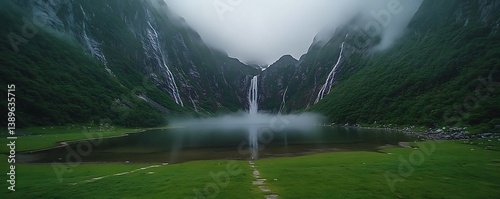Majestic waterfalls cascade down mountains near a tranquil green lake