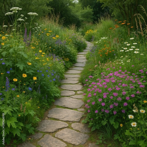 Walkway Through a Vibrant Garden Filled With Wildflowers During a Sunny After...