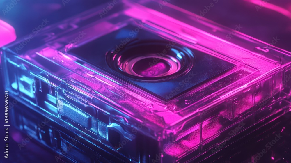 Obraz premium Transparent Cassette Tape, Neon Light, Reflective Surface, 80s Retro, Music Background