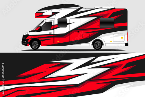 Sleek and modern camper van design featuring bold red and black geometric patterns on a gray backdrop