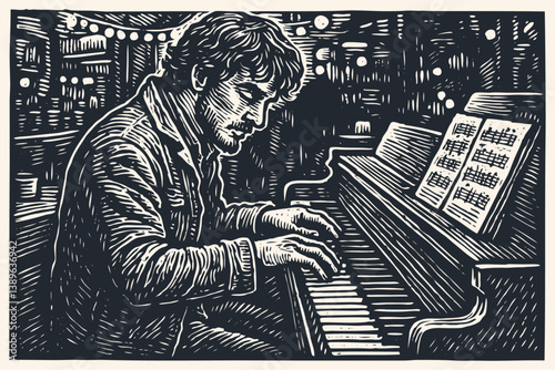 Vintage woodcut style vector. Man playing piano with sheet music in a dimly lit bar or club. String lights. Musician performance atmosphere.