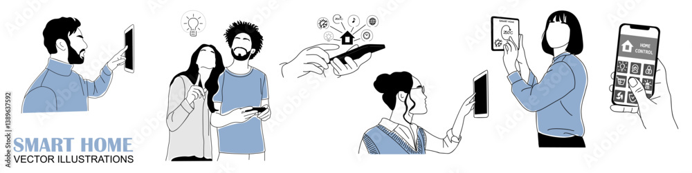 People using smart home control panel, hands holding smartphone with Smart house application. IOT concept. Set of Simple vector outline hand drawn illustrations isolated on white background. People using smart home control panel, hands holding smartphone with Smart house application. IOT concept. Set of Simple vector outline hand drawn illustrations isolated on white background.