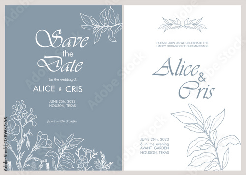 Elegant Wedding Invitation, Save the Date template. Minimalist botanical Wedding invitation card with trendy greenery line art wild flowers Vector illustration in modern dusty blue colors.