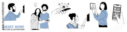 People using smart home control panel, hands holding smartphone with Smart house application. IOT concept. Set of Simple vector outline hand drawn illustrations isolated on white background.
