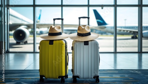Two suitcases in an empty airport hall, traveler cases in the departure airport terminal waiting for the area, vacation  or traveling concept. Ai Generative.