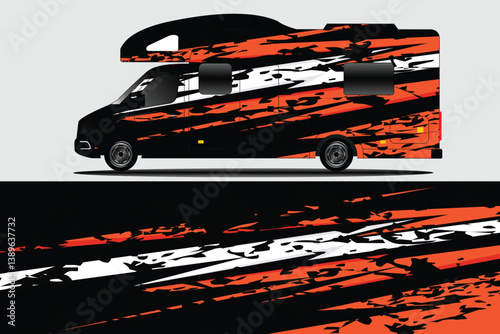 Sleek and modern RV design with dynamic orange and black stripes, showcasing outdoor adventure spirit