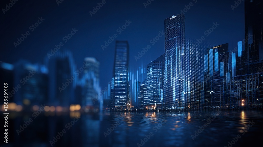 Fototapeta premium Modern City Skyline with Blue Forex Graph Overlay at Night