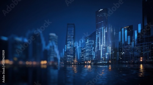 Modern City Skyline with Blue Forex Graph Overlay at Night
