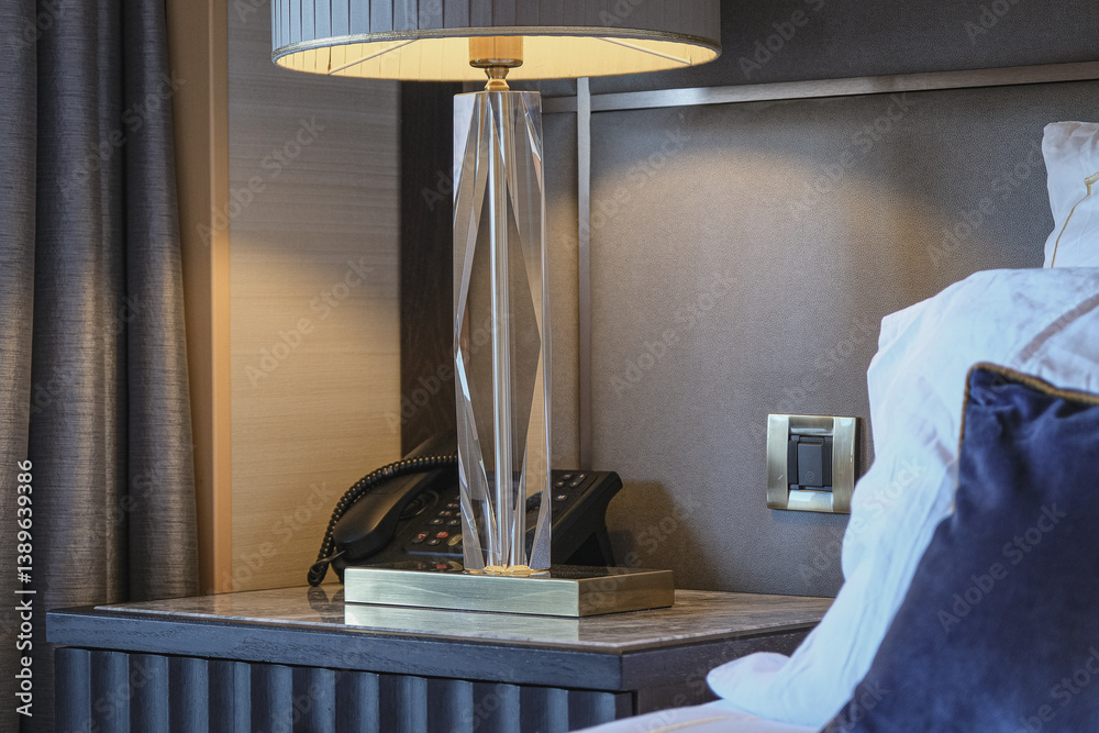 Luxurious ocean view or oceanview or outside balcony veranda cabin stateroom suite queen king double bed on luxury ocean liner cruiseship cruise ship in classic classy interior Art Deco style design