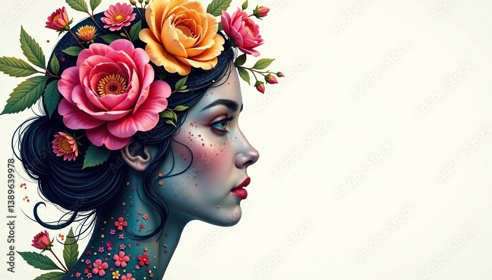 Naklejka premium Intricate floral design arranged as a facial profile , intricate, leaves, texture