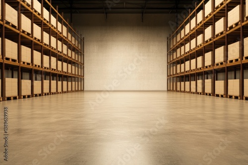 Spacious warehouse interior featuring wooden shelves and polishe