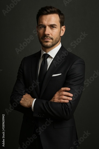 Professional Man in a Suit Posing Confidently Against a Dark Background