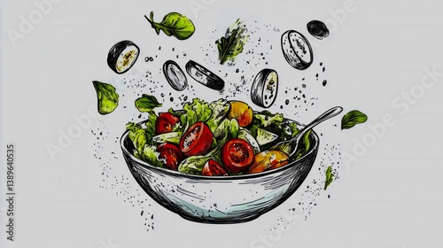 Stylized vector drawing of salad bowl with flying ingredients, concept food icon on white background