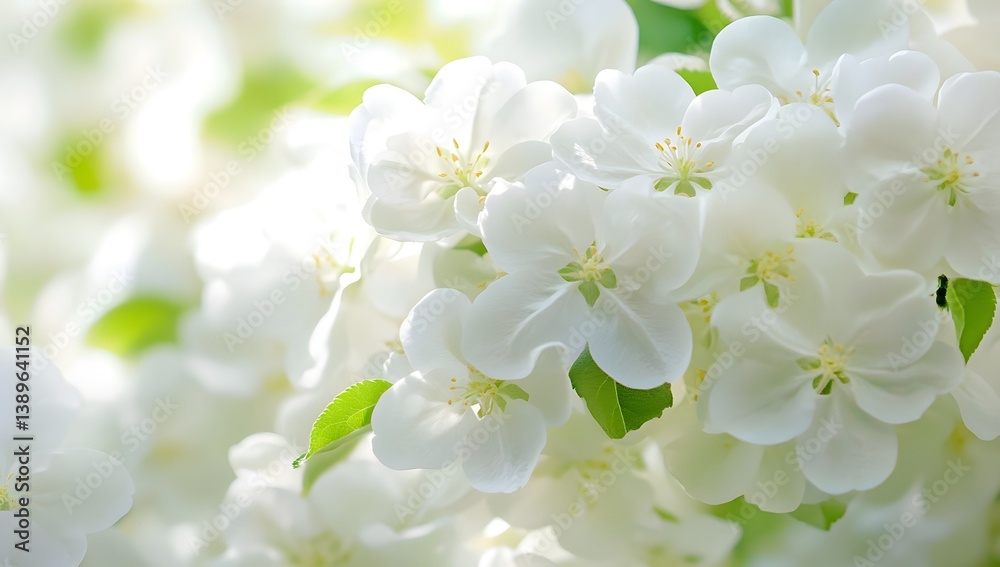 Close-up of white blossoms with green leaves in bright sunlight. Close-up of white blossoms with green leaves in bright sunlight.