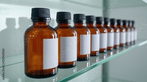 Amber bottles arranged neatly on shelf, showcasing simplicity an