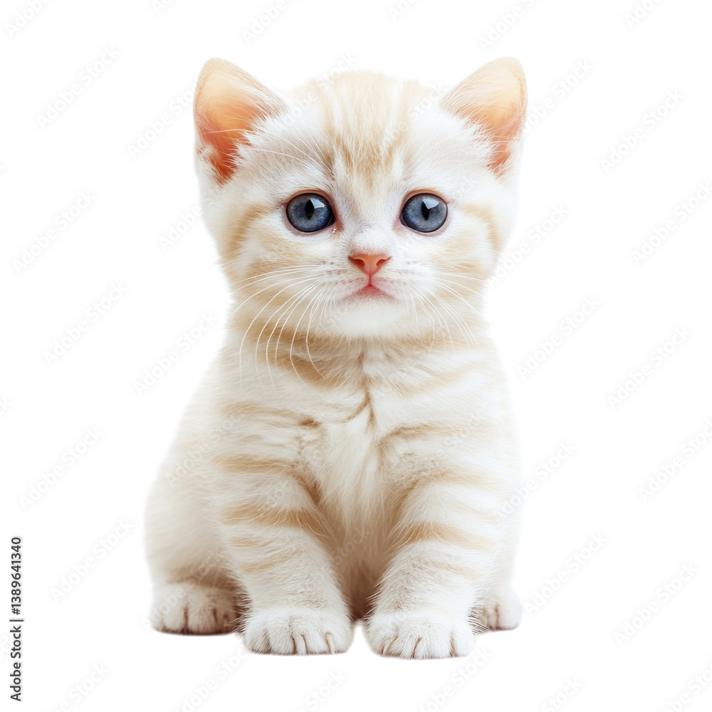 Obraz premium Cute fluffy kitten with blue eyes sitting upright on a white surface isolated on transparent background, cutout png