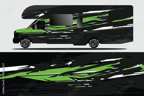 Sleek black and green camper van design with dynamic graphics against a neutral background