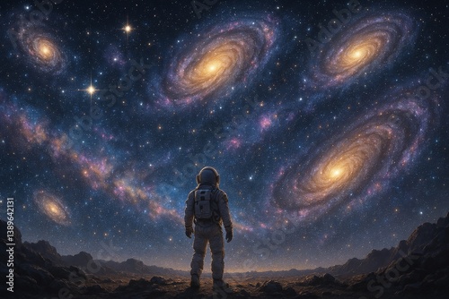 Astronaut Gazes at Swirling Galaxies in Vast Cosmic Space During an Explorati...