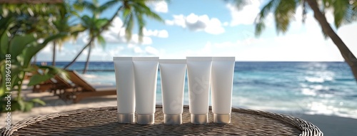 Four white body lotion tubes sit on a table, overlooking the calm beach and clear sea on a sunny day