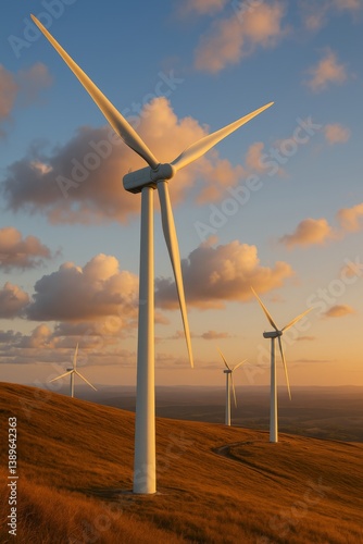Wind Turbines Generating Renewable Energy at Sunset in a Serene Landscape