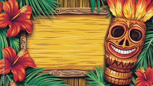 Tropical luau party invitation hibiscus flowers and tiki torch graphics palm leaf border framing blank event details space