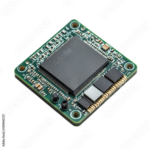 Microprocessor circuit board with integrated components and detailed circuitry isolated on transparent background, cutout png