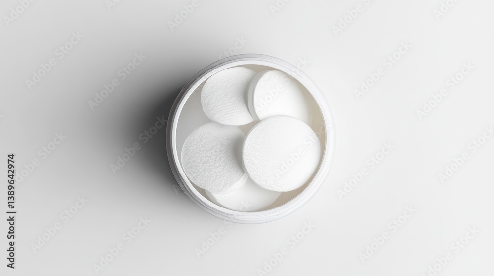 White round pills in a white container on a white background White round pills in a white container on a white background